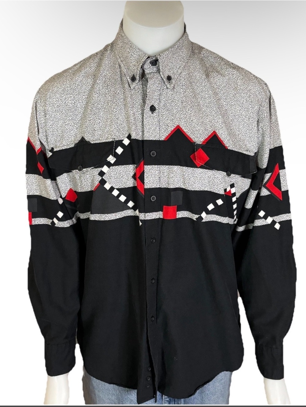 Vtg 90s Western Button Up Shirt Geometric Men’s Blk & Red Sz L Rodeo Made in USA